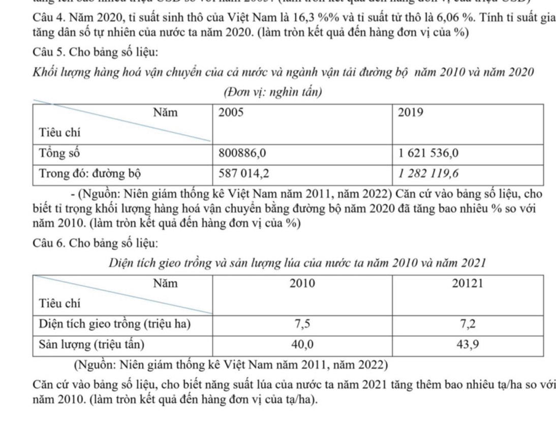 Năm 2020, tỉ suất sinh thô của Việt Nam là 16, 3 %% và tỉ suất tử thô là 6,06 %. Tính tỉ suất gia 
tăng dân số tự nhiên của nước ta năm 2020. (làm tròn kết quả đến hàng đơn vị của %) 
Câu 5. Cho bảng số liệu: 
Khối lượng hàng hoá vận chuyển của cả nước và ngành vận tải đường bộ năm 2010 và năm 2020 
(Đơn vị: nghìn tấn) 
- (Nguồn: Niên giám thống kê Việt Nam năm 2011, năm 2022) Căn cứ vào bảng số liệu, cho 
biết ti trọng khối lượng hàng hoá vận chuyển bằng đường bộ năm 2020 đã tăng bao nhiêu % so với 
năm 2010. (làm tròn kết quả đến hàng đơn vị của %) 
Câu 6. Cho bảng số liệu: 
Diện tích gieo trồng và sản lượng lúa của nước ta năm 2010 và năm 2021 
(Nguồn: Niên giám thống kê Việt Nam năm 2011, năm 2022) 
Căn cứ vào bảng số liệu, cho biết năng suất lúa của nước ta năm 2021 tăng thêm bao nhiêu tạ/ha so với 
năm 2010. (làm tròn kết quả đến hàng đơn vị của tạ/ha).