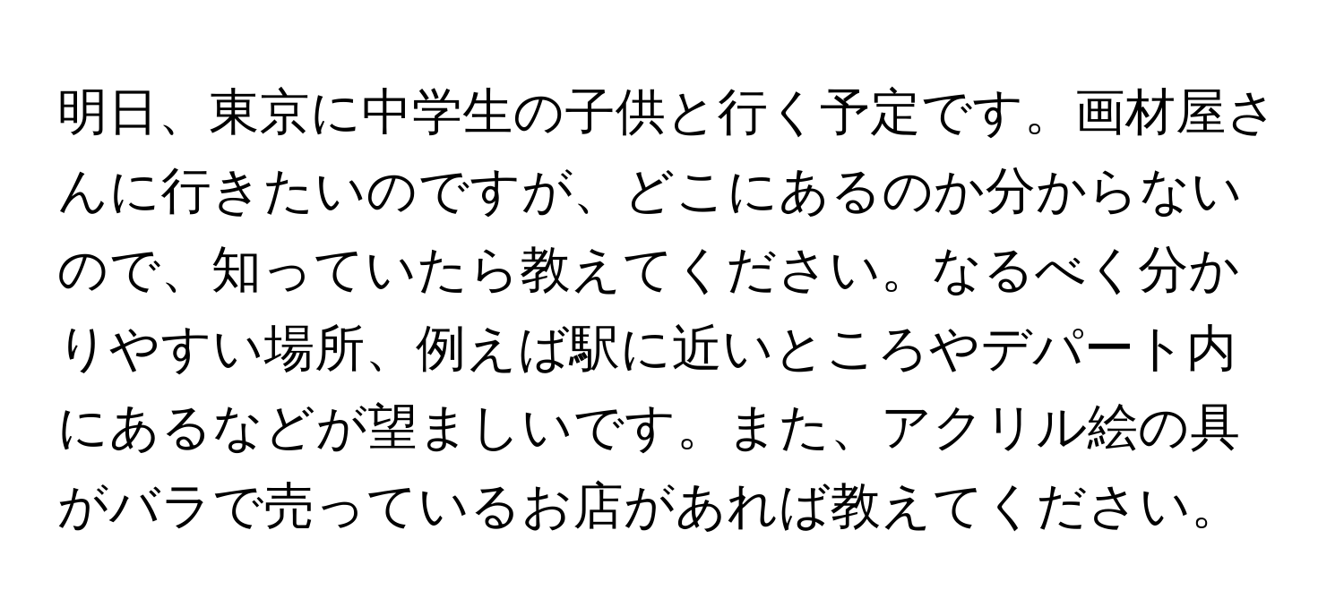 明日、東京に中学生の子供と行く予定です。画材屋さんに行きたいのですが、どこにあるのか分からないので、知っていたら教えてください。なるべく分かりやすい場所、例えば駅に近いところやデパート内にあるなどが望ましいです。また、アクリル絵の具がバラで売っているお店があれば教えてください。