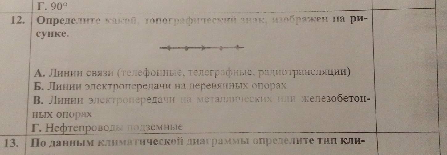 r. 90°
12. Олределите какой, τоπографическийзнак, нзображен на ри-
cyhke.
А. Лиенеииαίαδсвязи Κτелефонные, τелеграфные, радиоοτраηслδиии)
Б. Линии электроπередачи на деревяηныех оπорах
В. Линии злектроπередачи на металлических или железобетон-
ных опорах
Γ. Нефтепроводы Πолземные
13. По данньм климатической диаграммьΙ определите τиπ κли-