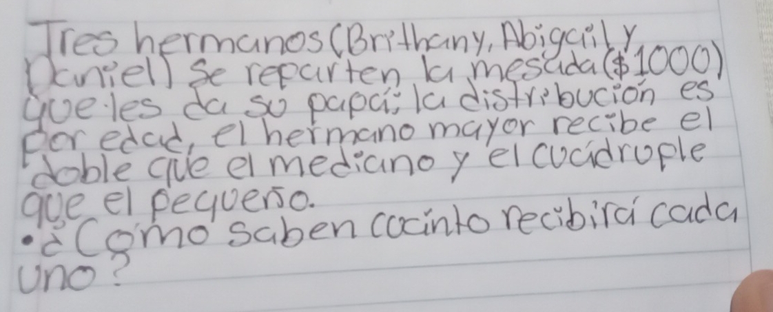 Tres hermanos (Brithany, Abigail y 
Dkniell se reparten la mesuda( 1000) 
goeles da so papci, la distribucion es 
poredad, et hermano mayor recibe el 
doble gue el mediano y el cucidruple 
gue el pequerso. 
Como saben cocinto recibira cada 
Uno?