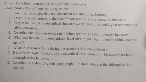 Answer the following questions using complete sentences. 
Google Slides #4 - #11 Answer the questions 
1. Identify the independent and dependent variables in each group. 
2. Describe what happens to the rate of photosynthesis as temperature increases. 
3. Why is the rate of photosynthesis low at lower temperatures and higher temperatures? 
(think enzymes). 
4. Describe what happens to the rate of photosynthesis as light intensity increases. 
5. Why does the rate of photosynthesis level off at higher light intensity (think enzymes 
again)? 
6. What are enzymes doing during the reactions of photosynthesis? 
7. Describe the light reactions of photosynthesis in a paragraph. Include where in the 
chloroplast this happens. 
8. Describe the Calvin Cycle in a paragraph. Include where in the chloroplast this 
happens.