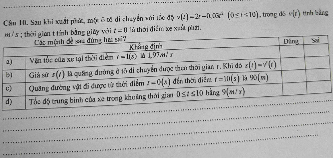 Sau khi xuất phát, một ô tô di chuyển với tốc độ v(t)=2t-0,03t^2(0≤ t≤ 10) , trong đó v(t) tính bằng
an t tính bằng giây với t=0 là thời điểm xe xuất phát.