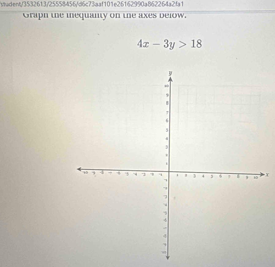 student/3532613/25558456/d6c73aaf101e26162990a862264a2fa1 
Graph the inequanty on the axes below.
4x-3y>18
x