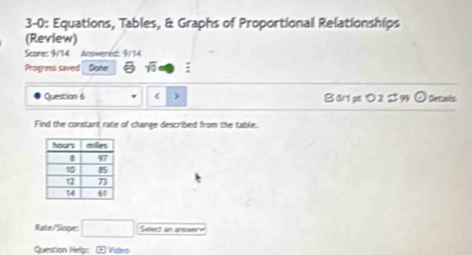 3-0: Equations, Tables, & Graphs of Proportional Relationships 
(Review) 
Scare: 9/14 Answered: 9/14 
Progress saved Done sqrt(0) 
Question 6 C > B arl pe y= 99 odot Details 
Find the constant rate of change described from the table. 
Rate/Slope: □ Select an answer 
Question Help: Video