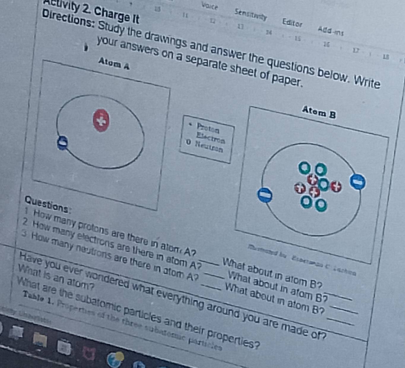 Varce 
Activity 2. Charge It 
11 
1 
Sensitivily Editor Add-ins 
11
14 - 15 16 D 
Directions: Study the drawings and answer the questions below. Write 
 18
your answers a separate sheet of paper. 
Proton 
Electron 
0 Neutran 
ow many protons are there in atom A? 
2. How many electrons are there in atom A? What about in atom B? 
C Lachica 
. How many neutrons are there in atom A? __What about in atom B?__ 
What is an atom? 
What about in atom 6? 
Have you ever wondered what everything around you are made of_ 
What are the subatomic particles and their properties? 
Uhaglistec 
Table 1. Properties of the three subatomic particles