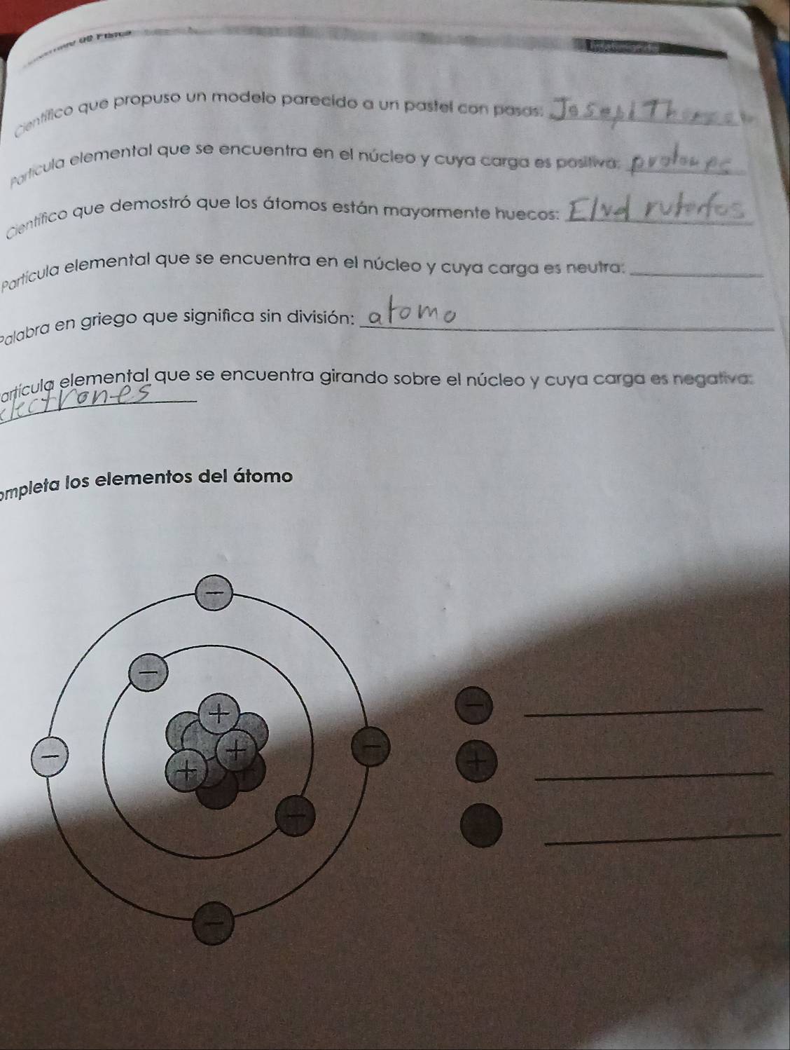 Científico que propuso un modelo parecido a un pastel con pasas._ 
Partícula elemental que se encuentra en el núcleo y cuya carga es positia,_ 
Científico que demostró que los átomos están mayormente huecos:_ 
Partícula elemental que se encuentra en el núcleo y cuya carga es neutra:_ 
Palabra en griego que significa sin división:_ 
_ 
Partícula elemental que se encuentra girando sobre el núcleo y cuya carga es negativa. 
ompleta los elementos del átomo 
_ 
a 
_ 
_