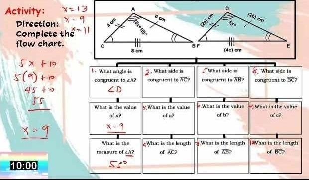 Activity: 
Direction: 
Complete the 
flow chart. 
) . What angle is , What side is downarrow , What side is What side is 
congruent to ∠ A? congruent to overline AC ? congruent to overline AB congruent to overline BC 2
∠ D
What is the value 3.What is the value What is the value What is the value 
of x? of a? af b? of c? 
What is the What is the length What is the length What is the length 
measure of ∠ A? of overline AC ? of overline AB ? of overline BC
10:00