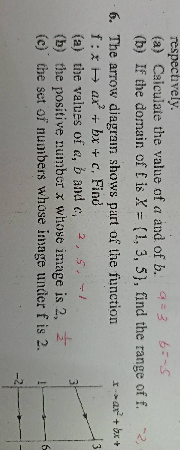 respectively. 
(a) Calculate the value of a and of b. 
(b) If the domain of f is X= 1,3,5 , find the range of f. ~2, 
6. The arrow diagram shows part of the function
xto ax^2+bx+
f:x to ax^2+bx+c. Find 3
(a) the values of a, b and . C_3
(b) the positive number x whose image is 2, 
(c)` the set of numbers whose image under f is 2. 
6