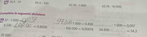 172 34,5:10 34,5:100 62, 18:1000 62, 18 : 10000
a 
Completa le seguenti divisioni. 
75 57:1000=
_ 
_ 1000=0,458 : 1000=0,007
8226 : _ =0,8226 _: 100000=0,00076 _ 54200 : _ =54,2
35000 _