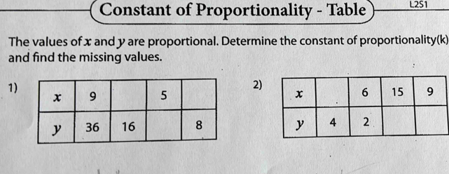 Constant of Proportionality - Table L2S1 
The values of x and y are proportional. Determine the constant of proportionality(k) 
and find the missing values. 
2) 
1)