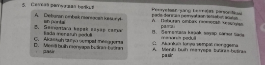 Cermati pernyataan berikut! Pernyataan yang bermajas personifikasi
pada deretan pernyataan tersebut adaiah .
A. Deburan ombak memecah kesunyi- A. Deburan ombak memecah kesunyian
an pantai pantai
B. Sementara kepak sayap camar B. Sementara kepak sayap camar tiada
tiada menaruh peduli menaruh peduli
C. Akankah tanya sempat menggema C. Akankah tanya sempat menggema
D. Meniti buih menyapa butiran-butiran A. Meniti buih menyapa butiran-butiran
pasir pasir