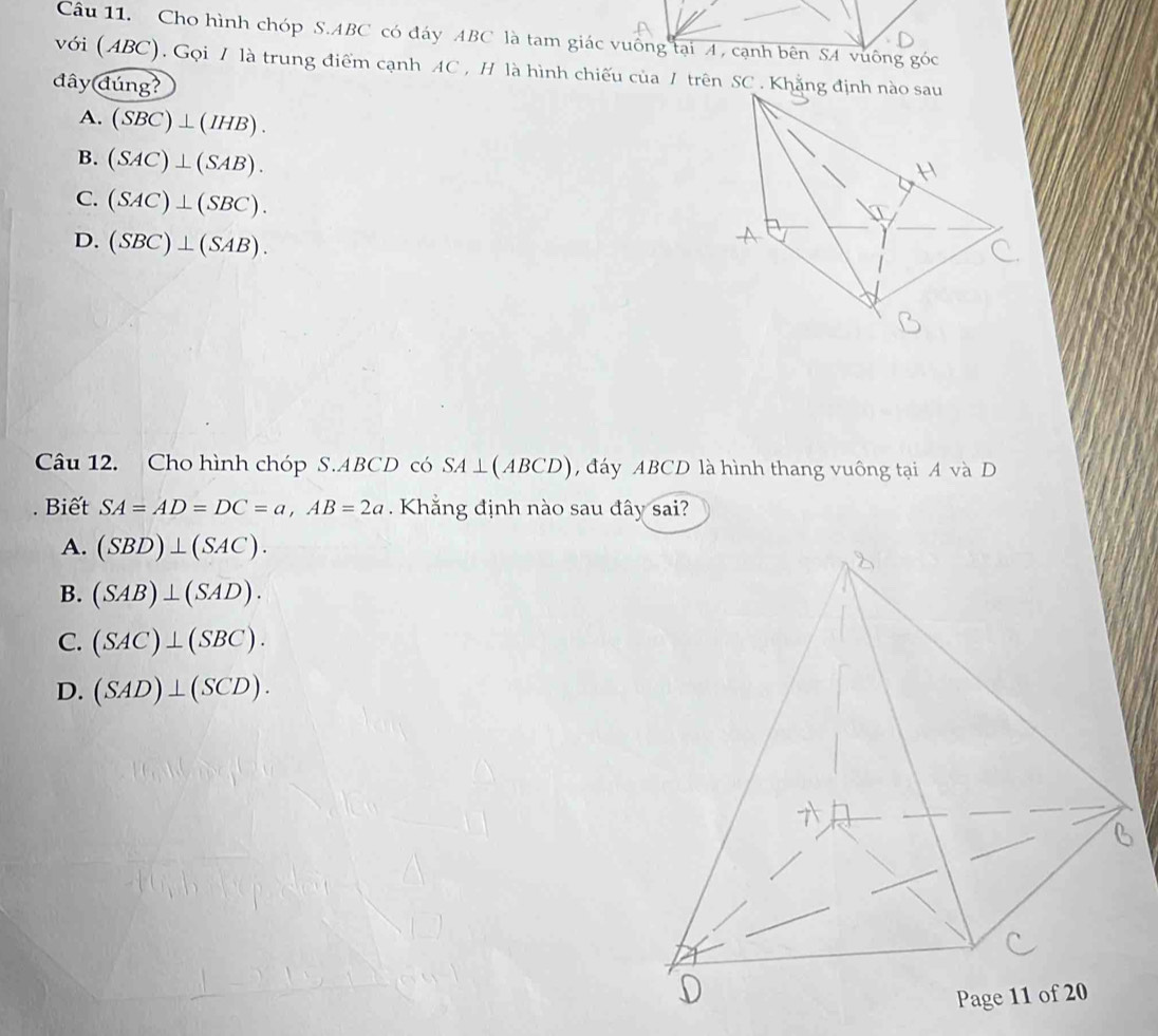 Cho hình chóp S. ABC có đáy ABC là tam giác vuồng tại A , cạnh bên SA vuông góc
với (ABC). Gọi / là trung điểm cạnh AC , H là hình chiếu của / trên SC . Khẳng định
đây ding?
A. (SBC)⊥ (IHB).
B. (SAC)⊥ (SAB).
C. (SAC)⊥ (SBC).
D. (SBC)⊥ (SAB). 
Câu 12. Cho hình chóp S. ABCD có SA ⊥(ABCD), đáy ABCD là hình thang vuông tại A và D. Biết SA=AD=DC=a, AB=2a. Khẳng định nào sau đây sai?
A. (SBD)⊥ (SAC).
B. (SAB)⊥ (SAD).
C. (SAC)⊥ (SBC).
D. (SAD)⊥ (SCD).