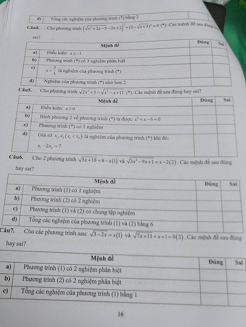 Tổng các nghiệm của phương trình (*) bằng 2
Câu4. Cho phương trình (sqrt(x^2+2x-3)-2x+2)^2+(2-sqrt(x+3))^2=0(*) Các mệnh đề sau đúng ha
. Cho phương trình sqrt(2x^2+5)=sqrt(x^2-x+11)(*).  Các mệnh đề sau đúng hay sai?
rình sqrt(5x+10)=8-x(1) và sqrt(3x^2-9x+1)=x-2(2). Các mệnh đề sau đúng
hay sai?
C sqrt(3-2x)=x(1) và sqrt(7x+11)+x+1=0(2) , Các mệnh đề sau đùng
hay sai?
i
16