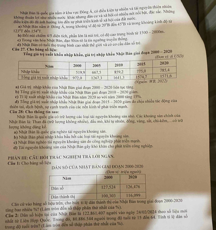Nhật Bản là quốc gia nằm ở khu vực Đông Á, có điều kiện tự nhiên và tài nguyên thiện nhiên
không thuân lợi như nhiều nước khác nhưng dân cư và xã hội có nhiều nét nổi bật, đặc sắc. Những
điều kiện đó đã ảnh hưởng lớn đến sự phát triển kinh tế xã hội của đất nước.
a) Nhật Bản nằm ở Đồng Á, trong khoảng vĩ độ từ 20°B đến 45°B và trong khoảng kinh độ từ
123°T dến 154°T. 1500-2000m.
b) Đồi núi chiếm 4/5 diện tích, phần lớn là núi trẻ, có độ cao trung bình từ
c) Trong văn hóa Nhật Bản, đạo Shin-tô là tín ngưỡng truyền thống.
d) Nhật Bản có tuổi thọ trung bình cao nhất thế giới và có cơ cầu dân số trẻ.
Câu 27. Cho bảng số liệu:
Tổng giá trị xuất khẩu nhập khẩu, giá trị nhập khẩu Nhật Bản giai đoạn 2000 - 2020
(Đơn vị: tỉ USD)
a) Giá trị nhập khẩu của Nhật Bản giai đoạn 2000 - 2020 liên tục tăng.
b) Tổng giá trị xuất nhập khẩu của Nhật Bản gaii đoạn 2010 - 2020 giảm.
c) Tỉ lệ xuất nhập khẩu của Nhật Bản năm 2020 so với năm 2000 tăng 15%.
d) Tổng giá trị xuất nhập khẩu Nhật Bản giai đoạn 2015 - 2020 giảm do chịu nhiều tác động của
thiên tai, dịch bệnh, sự cạnh tranh của các nền kinh tế phát triển mạnh.
Câu 28: Cho thông tin sau:
Nhật Bản là quốc gia có trữ lượng các loại tài nguyên khoáng sản nhỏ. Các khoáng sản chính của
Nhật Bản là: Than đá (trữ lượng không nhiều), dầu mô, khí tự nhiên, đồng, vàng, sắt, chì-kẽm,...có trữ
lượng không đáng kể.
a) Nhật Bản là quốc gia nghèo tải nguyên khoáng sản.
b) Nhật Bản phải nhập khẩu hầu hết các loại tài nguyên khoáng sản.
c) Nhật Bản nghèo tài nguyên khoáng sản do công nghiệp phát triển mạnh.
d) Tài nguyên khoáng sản của Nhật Bản gây khó khăn cho phát triển công nghiệp.
phân III: cầu hỏi trác nghiệm trả lời ngân.
Câu 1: Cho băng số liệu
DâN SÓ CủA NHẠT BảN GIAI ĐOẠN 2000-2020
Căn cứ vào bảng số liệu trên, cho biết tỉ lệ dân thành thị của Nhậđoạn 2000-2020
tăng bao nhiêu %? (Làm tròn đến số thập phân thứ nhất của %).
Câu 2: Dân số hiện tại của Nhật Bản là 122.861.407 người vào ngày 24/02/2024 theo số liệu mới
nhất từ Liên Hợp Quốc. Trong đó, 80.886.544 người trong độ tuổi từ 15 đến 64. Tính ti lệ dân số
trong độ tuổi trên? (Làm tròn đến số thập phân thứ nhất của %).