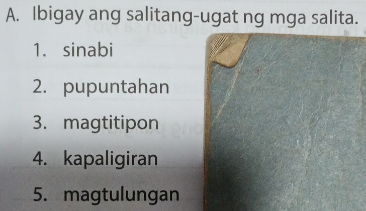 Ibigay ang salitang-ugat ng mga salita. 
1. sinabi 
2. pupuntahan 
3. magtitipon 
4. kapaligiran 
5. magtulungan