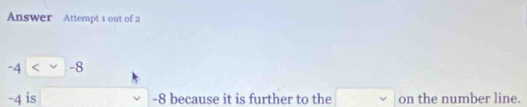Answer Attempt 1 out of 2
-4
-4 is □ -8 because it is further to the □ on the number line.