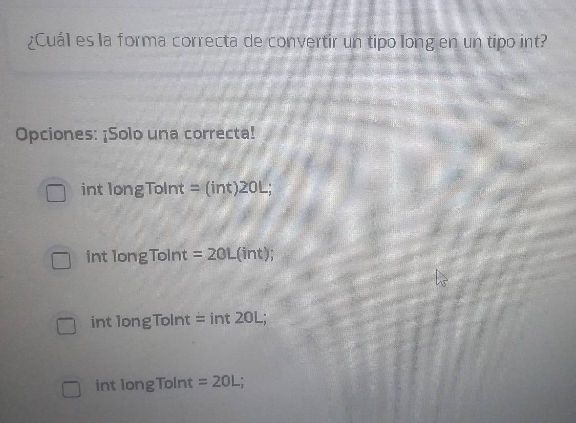 Resuelto:¿Cuál es la forma correcta de convertir un tipo long en un ...