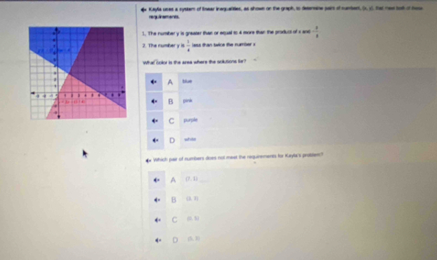 Kayla uses a system of Inear inequalities, as shown on the graph, to detemane pairs of sumbent, (x,y) ), that mest botk of hese
requirements
1. The number y is greater than or equal to 4 more than the product of x and - 3/5 
2. The number v i  1/4  ess than twice the number 
What color is the area where the solutions lie?
A blue
B
pink
C purple
white
* Which pair of numbers does not meet the requirements for Kayla's problem?
A (7,1)
B (3,2)
C (0,5)
(5,2)