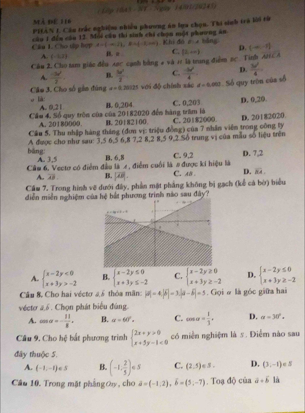 1 1ập 10A5 - NT - Ngày 14/91/20245)
Mã để 116
PHAN L. Câu trắc nghiệm nhiều phương án lựa chọn. Thi sinh trà lời từ
câu 1 đến câu 12. Mỗi câu thi sinh chi chọn một phoơng ăn.
Câu 1. Cho tập hợp A= -∈fty ,2 ,B=(-3,80) Khi đó 0: 4 bảng
C.  2,∈fty 
D. (-∈fty ,-1]
A. (-1,3)
。
Câu 2, Cho tam giác đều ABC cạnh bằng 4 và 1 là trung điểm BC. Tinh AH⊥ A
B.
A.  (-3a^2)/2 .  3a^2/2 .
C.  (-9d^2)/4 ·
D.  3a^2/4 .
Câu 3. Cho số gần đúng a=0,20025 với độ chính xác d=0,002 Số quy trên của số
o là: D. 0,20.
A. 0.21 B. 0,204. C. 0,203
Cầu 4. Số quy tròn của của 20182020 đến hàng trăm là
A. 20180000. B. 20182100 C. 20182000. D. 20182020.
Câu 5. Thu nhập hàng tháng (đơn vị: triệu đồng) của 7 nhân viên trong công ty
A được cho như sau: 3,5 6,5 6,8 7,2 8,2 8,5 9,2.Số trung vị của mẫu số liệu trên
bǎng:
A. 3,5 B. 6,8 C. 9,2 D. 7,2
Câu 6. Vectơ có điểm đầu là 4, điểm cuối là # được kí hiệu là
D.
A. overline AB. B. |overline AB|. C.AB. overline BA.
Cầu 7. Trong hình vẽ dưới đây, phần mặt phẳng không bị gạch (kể cả bờ) biểu
diễn miền nghiệm củhương trình nào sau đây?
A. beginarrayl x-2y<0 x+3y>-2endarray. B. beginarrayl x-2y≤ 0 x+3y≤ -2endarray. C. beginarrayl x-2y≥ 0 x+3y≥ -2endarray. D. beginarrayl x-2y≤ 0 x+3y≥ -2endarray.
Câu 8. Cho hai véctơ a,5 thỏa mãn: |vector a|=4;|vector b|=3;|vector a-vector b|=5. Gọi à là góc giữa hai
véctơ a . Chọn phát biểu đúng.
D.
A. cos alpha =- 11/8 . B. alpha =60°. C. cos alpha = 1/3 . alpha =30°.
Câu 9. Cho hệ bất phương trình beginarrayl 2x+y>0 x+5y-1<0endarray. có miền nghiệm là s. Điểm nào sau
đây thuộc S.
D. (3,-1)
A. (-1;-1)∈ S B. (-1; 2/5 ) a 8 C. (2,5)∈ S. e s
Cầu 10. Trong mặt phẳng Oxy, cho vector a=(-1;2),vector b=(5;-7). Toạ độ của vector a+vector b là