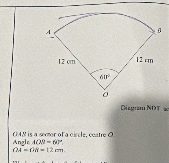 Diagram NOT ac
OAB is a sector of a circle, centre O
Angle AOB=60°.
OA=OB=12cm.