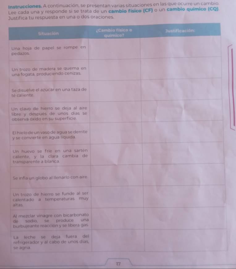 Instrucciones. A continuación, se presentan varias situaciones en las que ocurre un cambio. 
Lee cada una y responde si se trata de un cambio físico (CF) o un cambio químico (CQ) 
Ju 
U 
p 
U 
u 
S 
t 
U 
l 
o 
E 
y 
t 
a
17