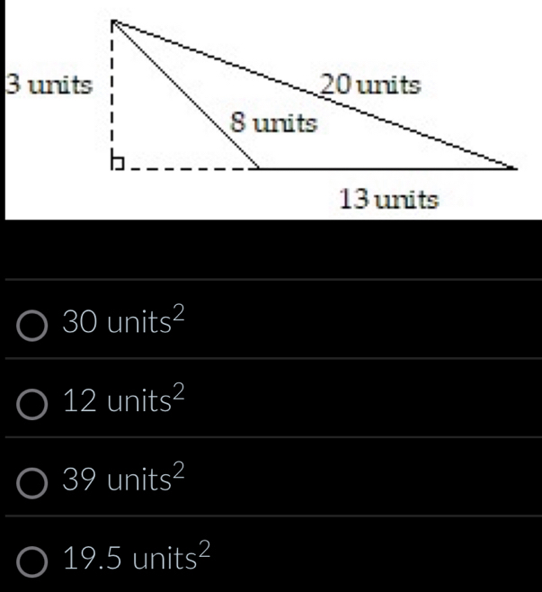 30units^2
12units^2
39units^2
19.5units^2