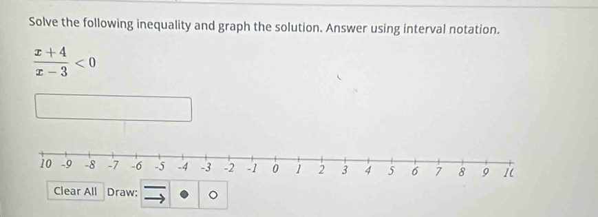 Solve the following inequality and graph the solution. Answer using interval notation.
 (x+4)/x-3 <0</tex> 
Clear All Draw: 。