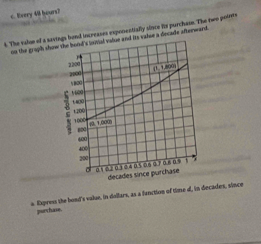 Every 40 hours?
4. The value of a savings bond increases exponentially since its purchase. The two points
on the graph showand its value a decade afterward.
a. Express the bond's value, in dollars, as a function of time d, in decades, since
purchase.