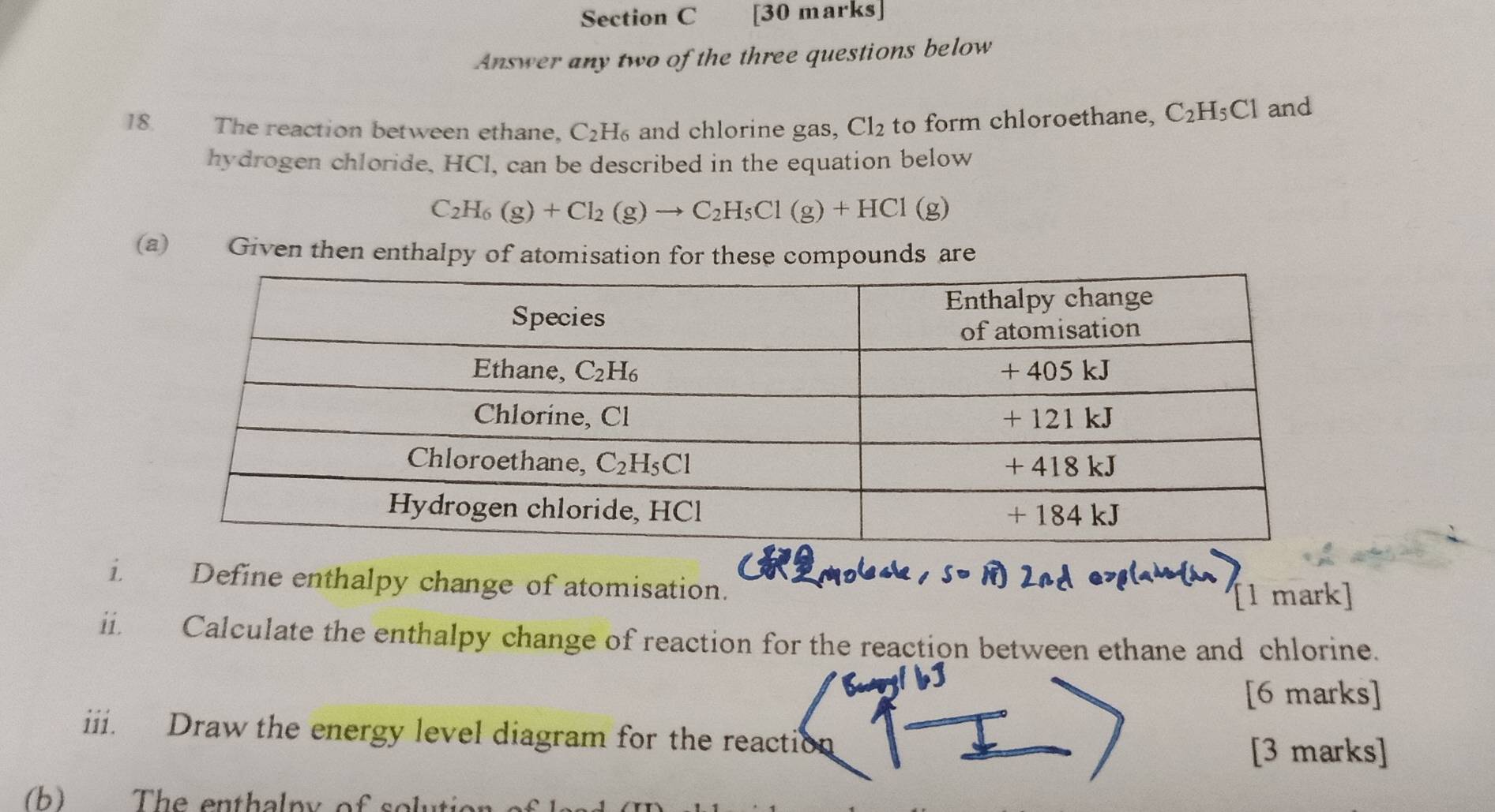 Answer any two of the three questions below
18. The reaction between ethane, C_2H_6 and chlorine gas, Cl_2 to form chloroethane, C_2H_5Cl and
hydrogen chloride, HCl, can be described in the equation below
C_2H_6(g)+Cl_2(g)to C_2H_5Cl(g)+HCl(g)
(a) Given then enthalpy of atomisation for these compounds are
i. Define enthalpy change of atomisation.
1 mark]
ii. Calculate the enthalpy change of reaction for the reaction between ethane and chlorine.
[6 marks]
iii. Draw the energy level diagram for the reaction
[3 marks]
(b) The enthalpy of solut