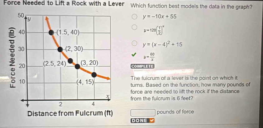Solved: Force Needed to Lift a Rock with a Lever Which function best ...