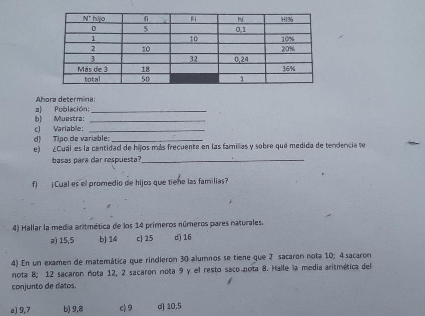 Ahora determina:
a) Población:_
b) Muestra:_
c) Variable:_
d) Tipo de variable:_
e) ¿Cuál es la cantidad de hijos más frecuente en las familias y sobre qué medida de tendencia te
basas para dar respuesta?_
f) ¡Cual es el promedio de hijos que tiene las familias?
4) Hallar la media aritmética de los 14 primeros números pares naturales.
a) 15,5 b 14 c) 15 d) 16
4) En un examen de matemática que rindieron 30 alumnos se tiene que 2 sacaron nota 10; 4 sacaron
nota 8; 12 sacaron nota 12, 2 sacaron nota 9 y el resto saco nota 8. Halle la media aritmética del
conjunto de datos.
a) 9,7 b) 9,8 c) 9 d) 10,5