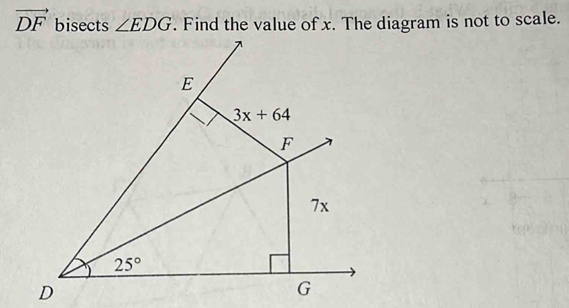 vector DF bisects ∠ EDG. Find the value of x. The diagram is not to scale.
D