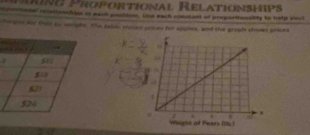 Maning Proportional Relationships 
cportional relationships in each problem. Uike each constant of proportionality to help youl 
harges for truit to weight. The table shows prices for apples, and the graph shows prices 

5