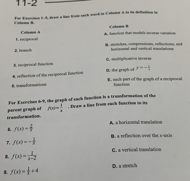 Solved: 11-2 For Exercises 1-5, draw a line from each word in Column A ...