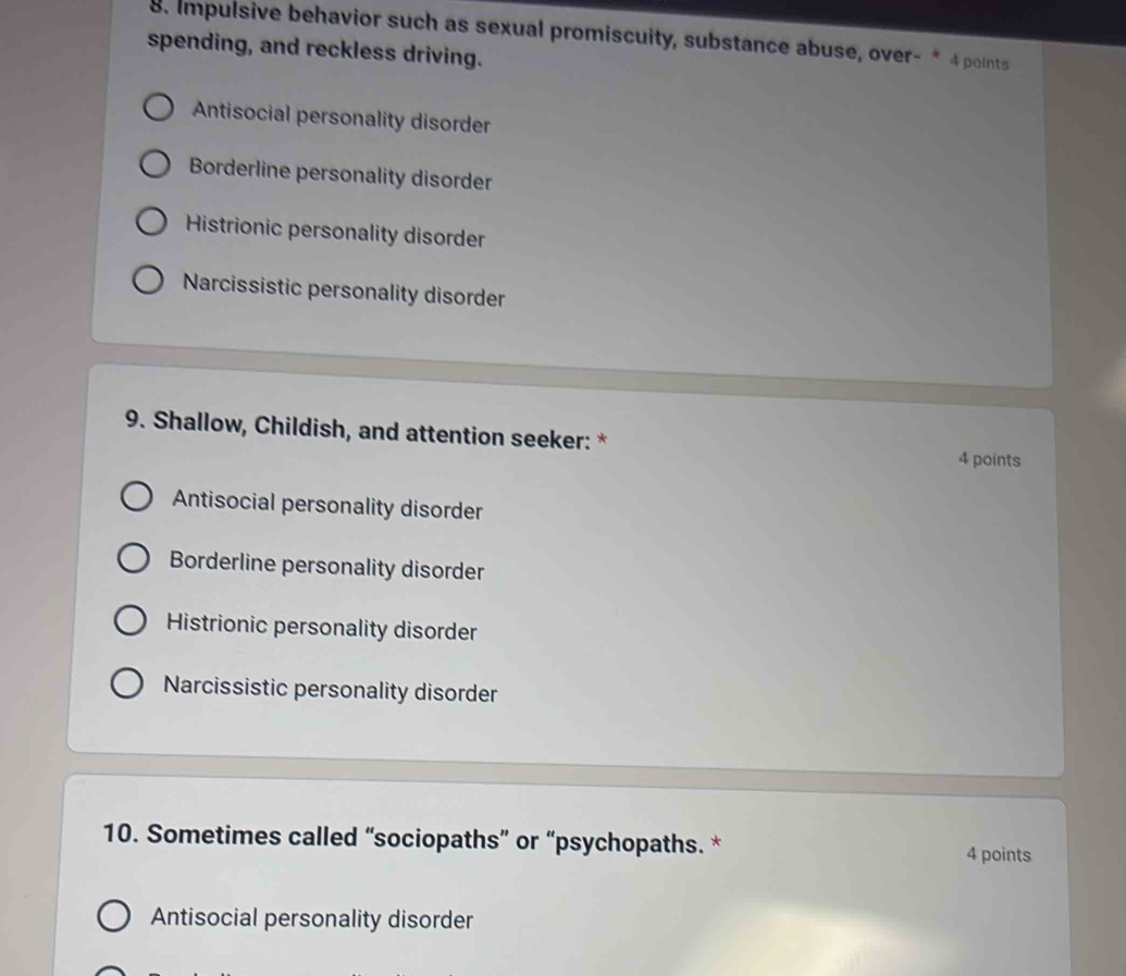 Solved: Impulsive behavior such as sexual promiscuity, substance abuse ...
