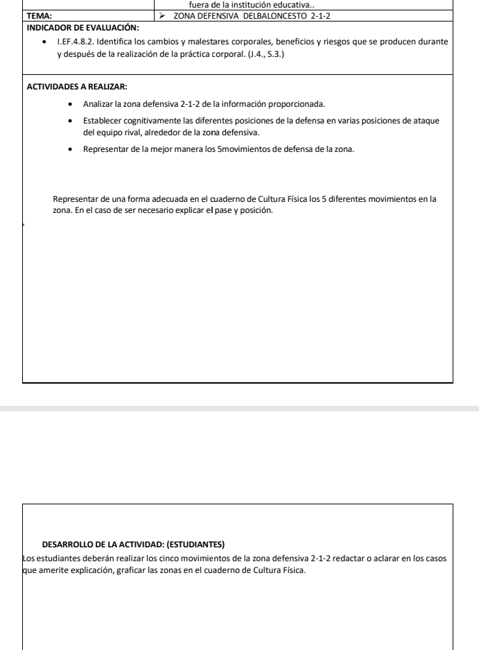 fuera de la institución educativa..
TEMA: ZONA DEFENSIVA DELBALONCESTO 2-1-2
DESARROLLO DE LA ACTIVIDAD: (ESTUDIANTES)
Los estudiantes deberán realizar los cinco movimientos de la zona defensiva 2-1-2 redactar o aclarar en los casos
que amerite explicación, graficar las zonas en el cuaderno de Cultura Física.