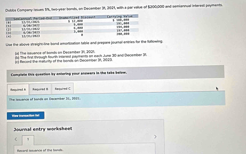 Dobbs Company issues 5%, two-year bonds, on December 31, 2021, with a par value of $200,000 and semiannual interest payments. 
Use the above straight-line bond amortization table and prepare journal entries for the following. 
(a) The issuance of bonds on December 31, 2021. 
(b) The first through fourth interest payments on each June 30 and December 31. 
(c) Record the maturity of the bonds on December 31, 2023. 
Complete this question by entering your answers in the tabs below. 
Required A Required B Required C 
The issuance of bonds on December 31, 2021. 
View transaction list 
Journal entry worksheet 
1 
Record issuance of the bonds.