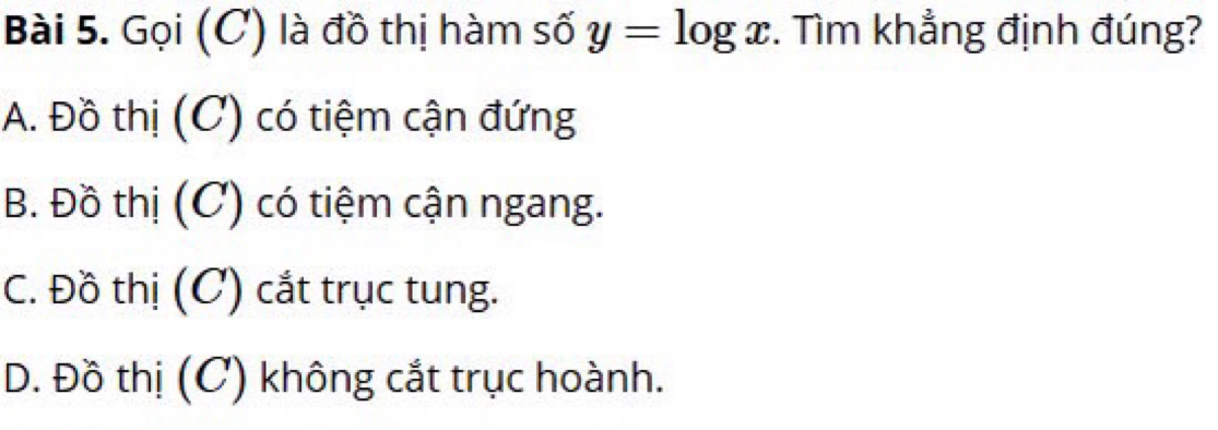 Gọi (C) là đồ thị hàm số y=log x. Tìm khẳng định đúng?
A. Đồ thị (C) có tiệm cận đứng
B. Đồ thị (C) có tiệm cận ngang.
C. Đồ thị (C) cắt trục tung.
D. Đồ thị (C) không cắt trục hoành.