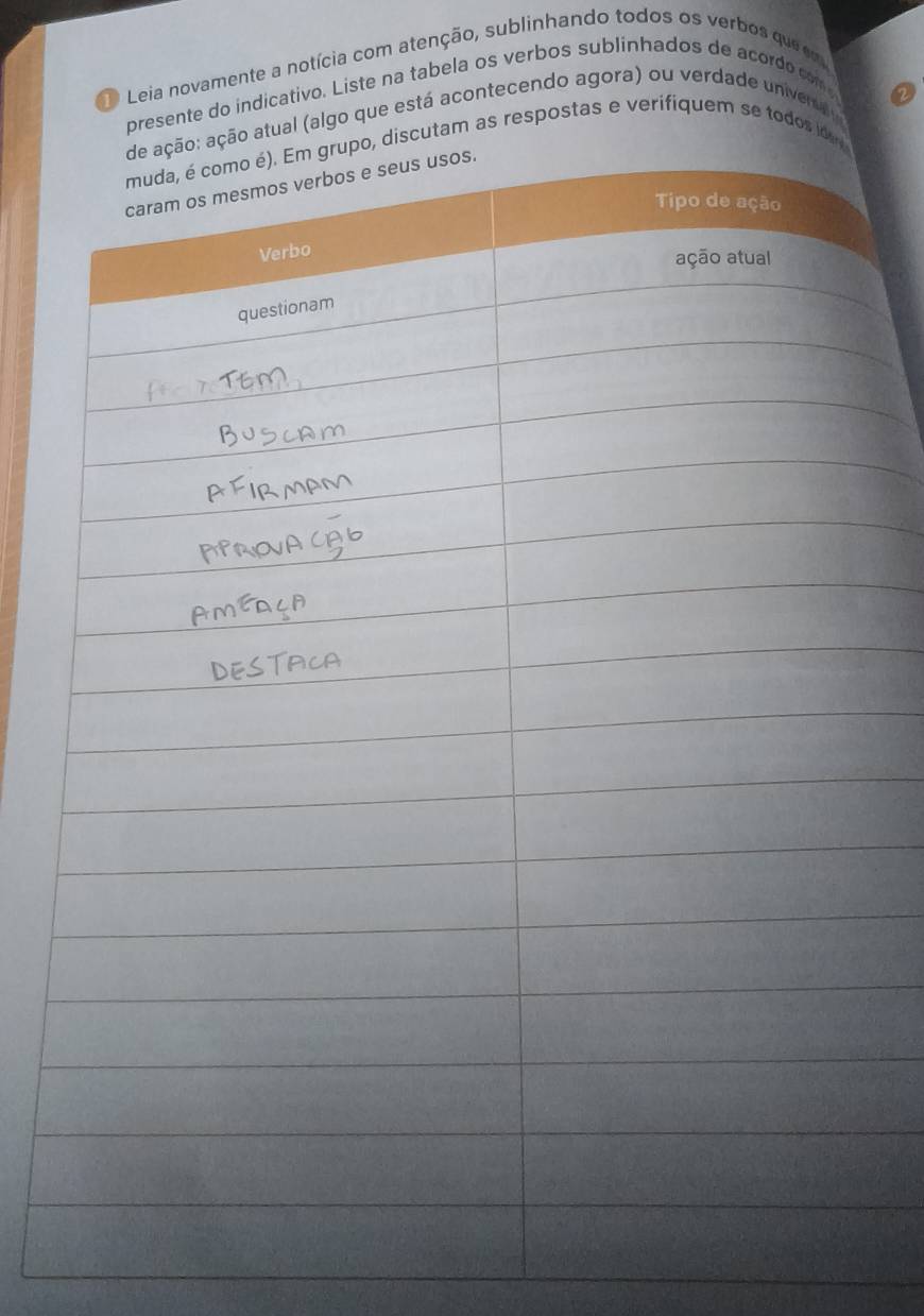 Leia novamente a notícia com atenção, sublinhando todos os verbos que em 
presente do indicativo. Liste na tabela os verbos sublinhados de acordo com 
atual (algo que está acontecendo agora) ou verdade univeraly 
utam as respostas e verifiquem se todos i