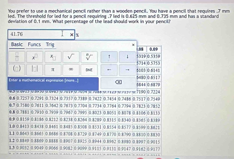 You prefer to use a mechanical pencil rather than a wooden pencil. You have a pencil that requires .7 mm
led. The threshold for led for a pencil requiring .7 led is 0.625 mm and 0.735 mm and has a standard
deviation of 0.1 mm. What percentage of the lead should work in your pencil?
41.76 × %
Basic Funcs Trig
×
1.08 0.09
 □ /□   x^(□) x_□  sqrt() sqrt[n]() ↑ ↓ 5319 0.5359
5714 0.5753
() ln 1 π ∞ DNE ← → 6103 0.6141
Enter a mathematical expression [more..] 6480 0.6517
6844 0.6879
0.5 0.0915 0.0950 0.0Y8J 0.7019 0.7034 0. /088 |0./ 123 U. / 1 3 / 0.7190 0.7224
0.6 0.7257 0.7291 0.7324 0.7357 0.7389 0.7422 0.7454 0.7486 0.7517 0.7549
0.7 0.7580 0.7611 0.7642 0.7673 0.7704 0.7734 0.7764 0.7794 0.7823 0.7852
0.8 0.7881 0.7910 0.7939 0.7967 0.7995 0.8023 0.8051 0.8078 0.8106 0.8133
0.9 0.8159 0.8186 0.8212 0.8238 0.8264 0.8289 0.8315 0.8340 0.8365 0.8389
1.0 0 8413 0.8438 0.8461 0.8485 0.8508 0.8531 0.8554 0.8577 0.8599 0.8621
1.1 0.8643 0.8665 0.8686 0.8708 0.8729 0.8749 0.8770 0.8790 0.8810 0.8830
1.2 0.8849 0.8869 0.8888 0.8907 0.8925 0.8944 0.8962 0.8980 0.8997 0.9015
1.3 0.9032 0.9049 0.9066 0.9082 0.9099 0.9115 0.9131 0.9147 0.9162 0.9177