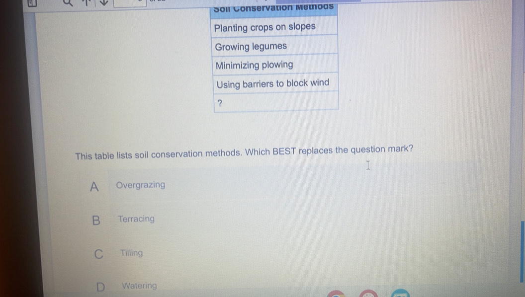 Soll Conservation Metnods
Planting crops on slopes
Growing legumes
Minimizing plowing
Using barriers to block wind
？
This table lists soil conservation methods. Which BEST replaces the question mark?
A Overgrazing
B Terracing
C Tilling
Watering