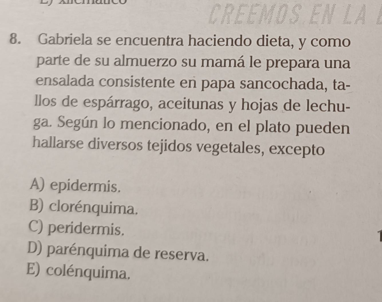 Gabriela se encuentra haciendo dieta, y como
parte de su almuerzo su mamá le prepara una
ensalada consistente en papa sancochada, ta-
llos de espárrago, aceitunas y hojas de lechu-
ga. Según lo mencionado, en el plato pueden
hallarse diversos tejidos vegetales, excepto
A) epidermis.
B) clorénquima.
C) peridermis.
D) parénquima de reserva.
E) colénquima.