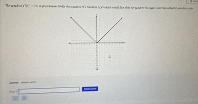 The graph of f(x)=|x| is ginen below. Write the equation of a function h(x) whicls would fore dhilt the gough to the fatht i was then otert a ovn the a w 
n ( 4) 
Sebath ==
6(x)=sqrt(x)