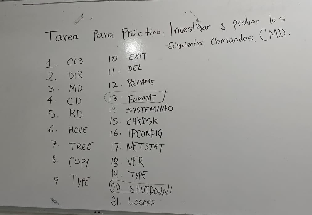 Tarea Para Practica: Inuestigar prober l0s 
Siguientes Comandos. CMD. 
1. CLS 10. ExIT 
2. DRR 11. DEL 
3. MD 12. RENAME 
4. CD 13. FORMAT 
5. RD 14. SySTEMINFO 
15. CHDSK 
6. MOvE 16. IPCONF1G 
7. TREE 17. NETSTAT 
8. copy 18. VER 
19. TypE 
9 THPE 620. SHUTDOWNS 
21. L0OFF