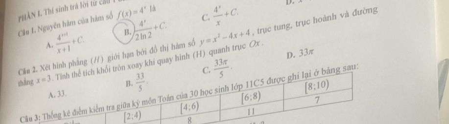 PHÂN I. Thí sinh trả lời từ cầu
 (4^(x+1))/x+1 +C. B. ) 4^x/2ln 2 +C. C.  4^x/x +C. D.
Câu 1. Nguyên hàm của hàm số f(x)=4^x1d
Cầu 2. Xét hình phẳng (H) giới hạn bởi đồ thị hàm số y=x^2-4x+4 , trục tung, trục hoành và đường
A.
D. 33π
tích khối tròn xoay khi quay hình (H) quanh trục Ox .
C.  33π /5 .
ở bảng sau.