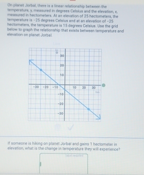 On planet Jorbal, there is a linear relationship between the 
temperature, y, measured in degrees Celsius and the elevation, x, 
measured in hectometers. At an elevation of 25 hectometers, the 
temperature is -25 degrees Celsius and at an elevation of −25
hectometers, the temperature is 15 degrees Cellsius. Use the grid 
elevation on planet Jorbal. below to graph the relationship that exists between temperature and 
If someone is hiking on planet Jorbal and gains 1 hectometer in 
elevation, what is the change in temperature they will expenience? 
1 6et nequie