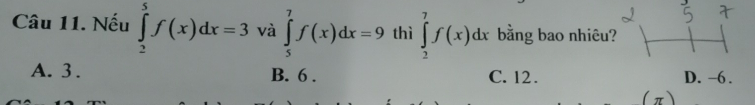 Nếu ∈tlimits _2^5f(x)dx=3 và ∈tlimits _5^7f(x)dx=9 thì ∈tlimits _2^7f(x)dx bằng bao nhiêu?
A. 3. B. 6. C. 12. D. -6.
(π)