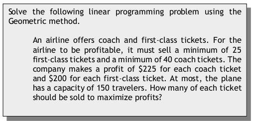 Solve the following linear programming problem using the 
Geometric method. 
An airline offers coach and first-class tickets. For the 
airline to be profitable, it must sell a minimum of 25
first-class tickets and a minimum of 40 coach tickets. The 
company makes a profit of $225 for each coach ticket 
and $200 for each first-class ticket. At most, the plane 
has a capacity of 150 travelers. How many of each ticket 
should be sold to maximize profits?