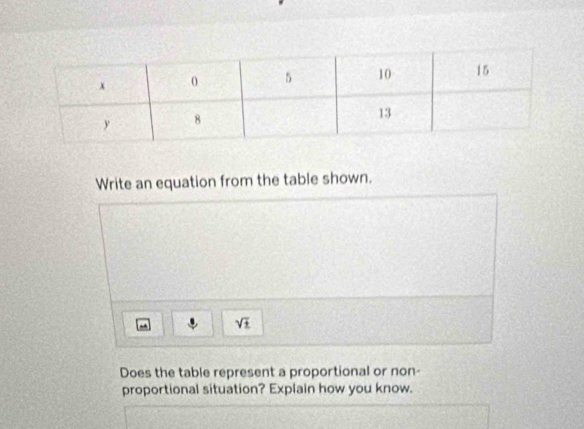 Write an equation from the table shown.
sqrt(± )
Does the table represent a proportional or non- 
proportional situation? Explain how you know.