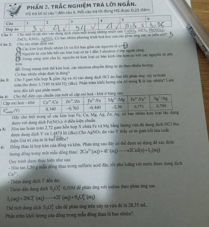 PHầN 3. tRÁC NGHIệM tRÁ LờI nGắN.
HS trả lời từ câu 1 đến câu 6. Mỗi câu trả lời đúng HS được 0,25 điểm.
Câu 1: Cho một là sắt nhỏ vào dung dịch chứa một 
ZnCl₂, KNO₃, AgNO3. Có bao nhiêu phương trình hoá học của các phân ứng xây ra (nếu có)? `
Câu 2: Cho các nhận định sau:
h Các kim loại thuộc nhóm IA và IIA bao gồm các nguyên tổ s:
(2) Nguyên tử của hầu hết các kim loại có từ 1 đến 3 electron ở lớp ngoài cùng.
3) Trong cùng một chu kì, nguyên tử kim loại có bản kính lớn hơn so với các nguyên tử phi
kim.
④ Trong mạng tinh thể kim loại, các electron chuyển động tự do theo nhiều hướng.
Có bao nhiêu nhận định là đúng?
Jâu 3: Cho 5 gam hỗn hợp X gồm Ag và Al vào dung dịch HCl dư.Sau khi phân ứng xây ra hoàn
toàn,thu được 3,7185 lít khí H2 (đkc). Phần trăm khối lượng của Al trong X là bao nhiêu? Làm
tròn đến kết quả phần mười.
Âau:
Hãy cho biết trong số các kim loại Fe, Cu, Mg, Ag, Zn, A
được với dung dịch Fe(NO_3) 3 ở điều kiện chuẩn,
m 5: Hòa tan hoàn toàn 2,72 gam hỗn hợp X chứa Fe và Mg bằng lượng vừa đủ dung địch HCl thu
được dung dịch Y và 1,4874 Iit (đkc).Cho AgNO_3 dư vào Y thầy có m gam kết tủa xuất
hiện Giá trị của m là bao nhiều?
6: Đồng thau là hợp kim của đồng và kẽm. Phân ứng sau đây có thể được sử dụng để xác định
lượng đồng trong một mẫu đồng thau: 2Cu^(2+)(aq)+4I^-(aq)to 2CuI(s)+I_2(aq)
Quy trinh được thực hiện như sau:
- Hòa tan 1,50 g mẫu đồng thau trong sulfuric acid đặc, rồi pha loãng với nước được dung dịch
Cu^(2+).
- Thêm dung địch I đến dư;
- Thêm dần dung dịch S_2O_3^((2-)0,50M để phản ứng với iodine theo phản ứng sau
I_2)(aq)+2SO_3^((2-)(aq)to 2I^-)(aq)+S_4O_6^((2-)(aq)
Thể tích dung dịch S_2)O_3^(2-) cần đề phản ứng trên xây ra vừa đủ là 28,35 mL.
Phần trăm khổi lượng của đồng trong mẫu đồng thau là bao nhiêu?.